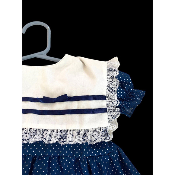 Vintage Sailor Dress Baby Girls Size 18M Blue White Peter Pan Collar Swing Skirt - Picture 3 of 10